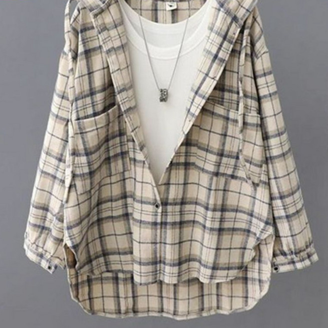 오스틱니 150kg까지 빅사이즈 여성 체크 디자인 날씬해보이는 캐주얼 셔츠 가을 편한 언발티 버튼 주머니있는 스트링 출근룩 자외선 차단 바람막이 상의 남방