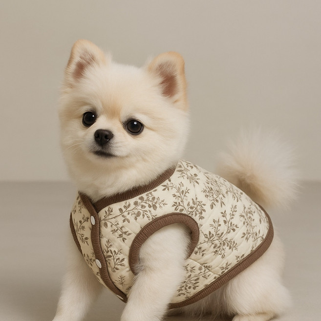 강아지 조끼 겨울 누빔 김장 조끼 솜충전 방한 하네스 고리 애견 패딩, 1개, 아이보리