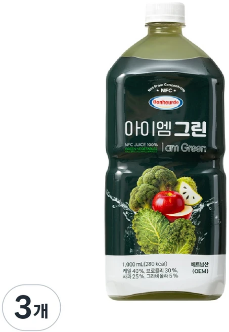 보넬드 아이엠 그린주스 100% NFC 착즙주스 (사과 그라비올라 케일 브로콜리), 3개, 1L - 쿠팡