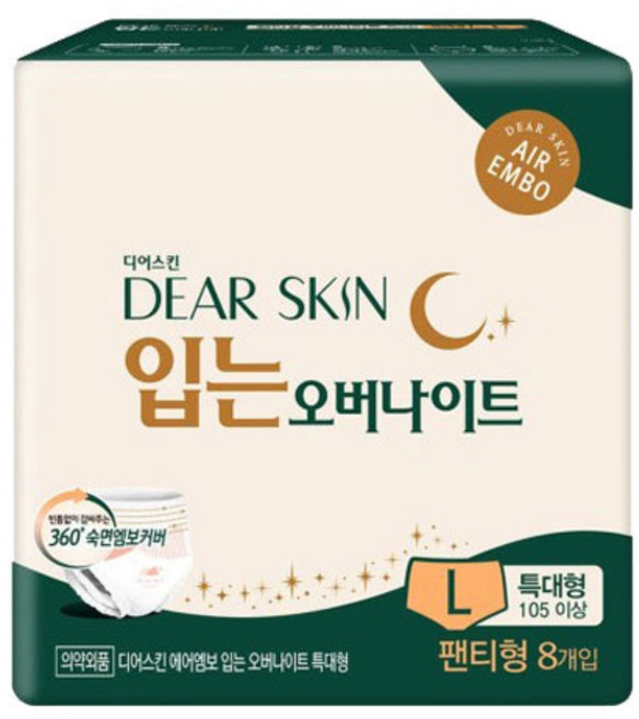 깨끗한나라 디어스킨 입는오버나이트 L사이즈 8Px2팩, 8개입