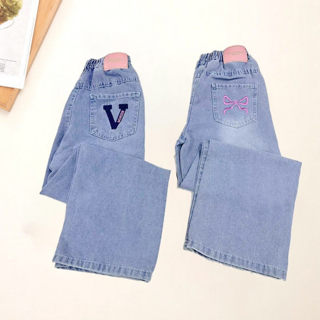 아이도스 주니어 밴딩 스판 와이드 데님 팬츠 2종세트 초등학생 데일리 청바지