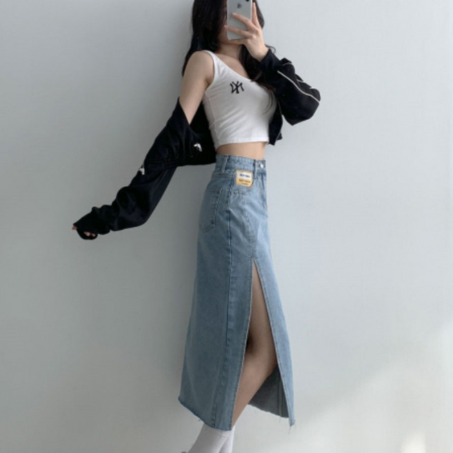 부기샵 디하 슬림 옆트임 데님 롱 여성 스커트