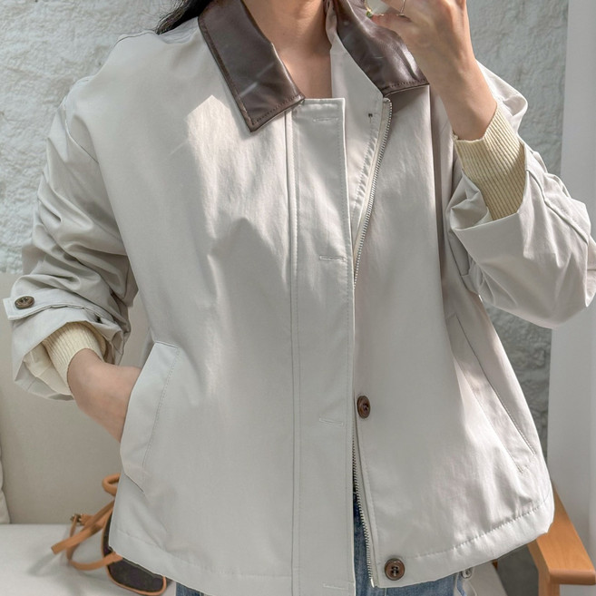 여성용 코튼 레더 배색 카라 워크 자켓 (3color)