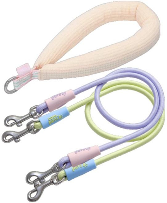 쿨펫츠 다같이가자 트윈리드줄 1.5m 다견산책줄, 솜사탕베이지+숏민트*숏퍼플, 1세트