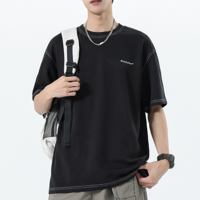 하울맨 남성 라운드넥 배색 스티치 오버핏 약기모 반팔 티셔츠