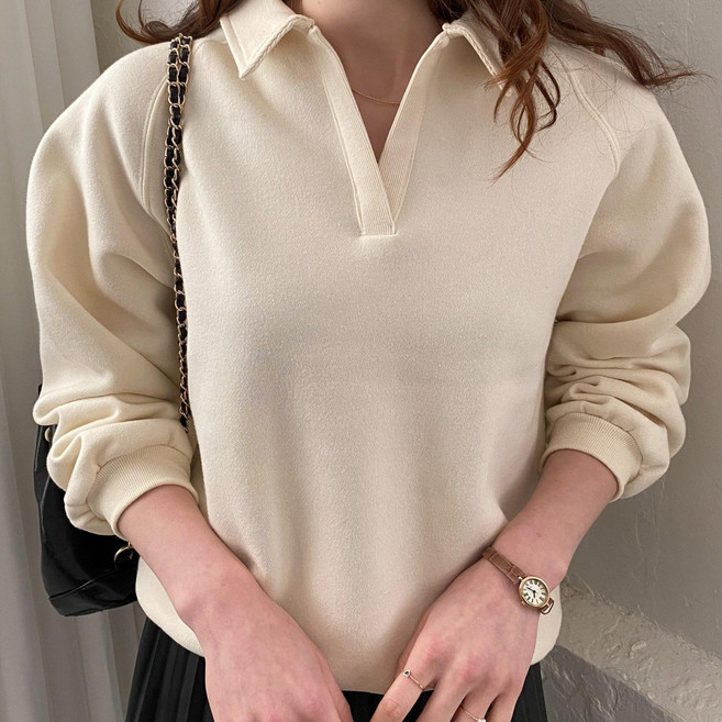 [메리브] 여성 기모맨투맨 립반오픈맨투맨 여성티셔츠 긴팔 맨투맨 루즈핏 기모티셔츠 2color