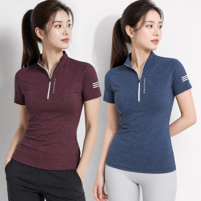 <스타일랑> (1+1) 여성 반팔 집업티 / 라인이 예쁜 냉감 빅사이즈 등산 아웃도어 반팔 집업 티셔츠