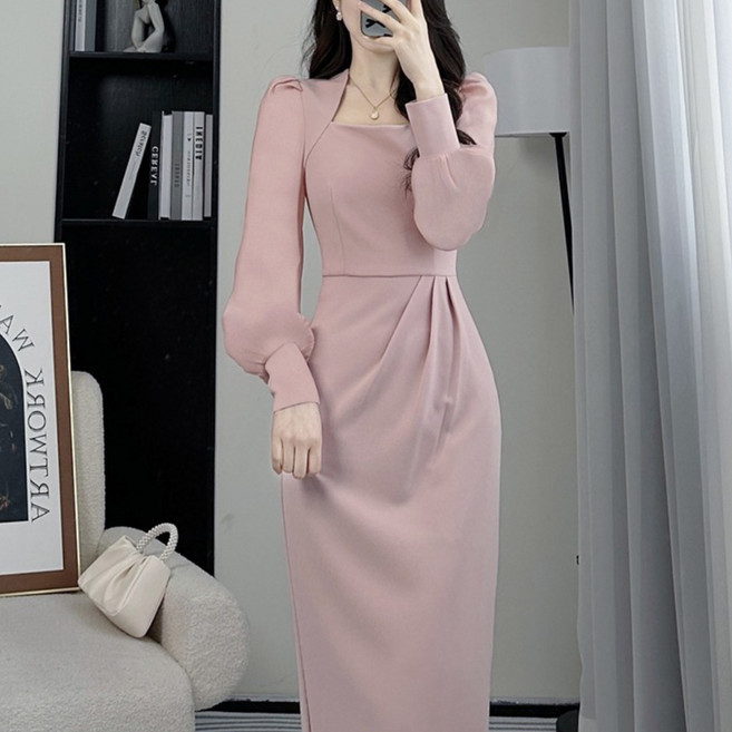 여성 봄가을 긴팔 프렌치 스퀘어넥 미디 원피스 공주 우아한 롱 슬림핏 캐주얼 드레스