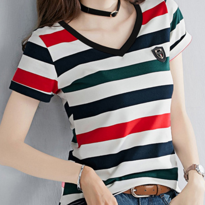 데일로엔 여성 스트라이프 브이넥 여름 반팔티