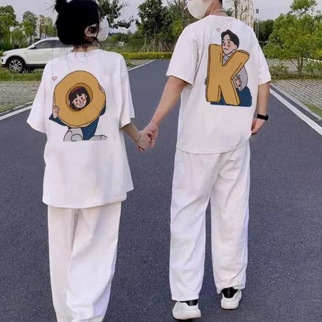 1+1 남녀공용 캐릭터 커플티 반팔 프린트 티셔츠 귀여운 커플룩 데이트룩 반팔티셔츠 데일리 상의