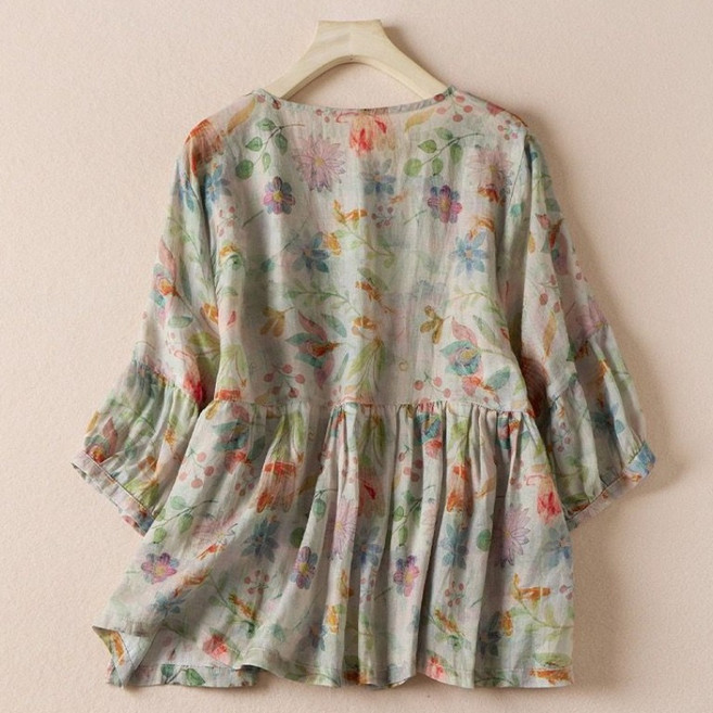 COSYEVNO 여성 여름 7부 소매 라운드넥 버튼 프릴 블라우스 패턴 CLXmmsy-10