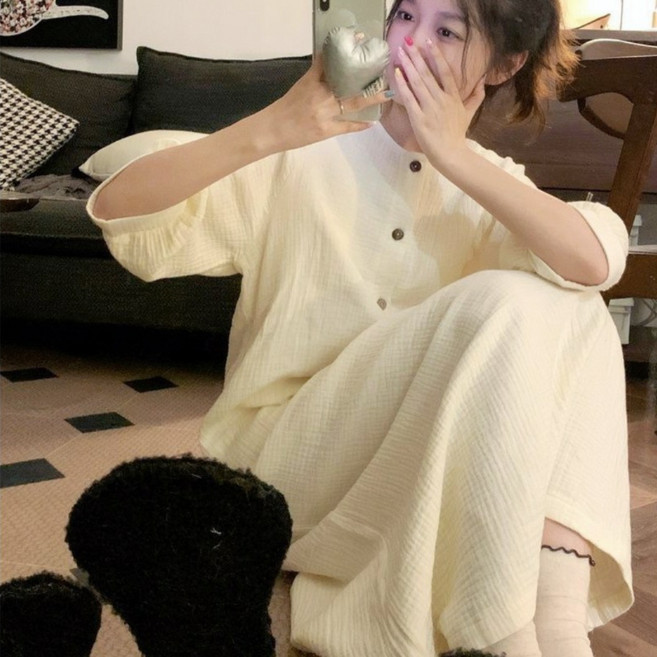 차르모니 여성용 루즈핏 버튼 롱원피스 편안한 홈웨어/잠옷 데일리 스타일