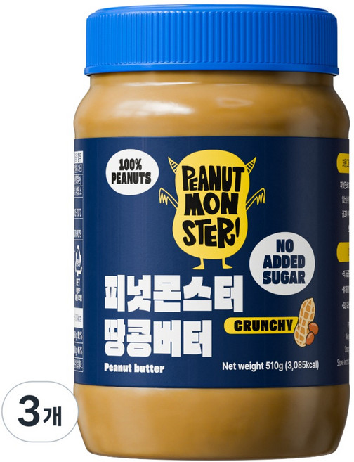 [압도적 고소함] 피넛몬스터 무첨가 무가당 100% 땅콩버터 크런치, 3개, 510g