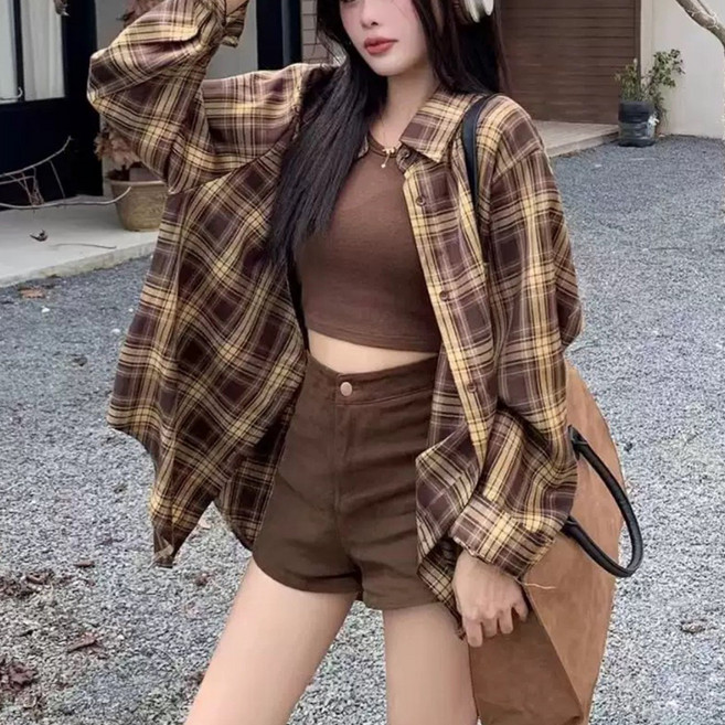 오스틱니 초특가 여성용 봄가을 외출용 루즈핏 체크 셔츠