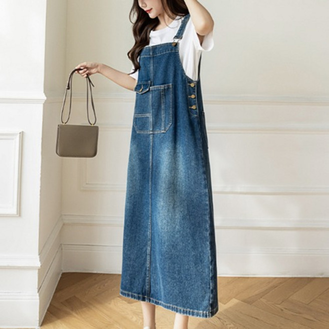 나바바 NO276 여성 캐주얼 뒷트임 포켓 데님 멜빵 원피스