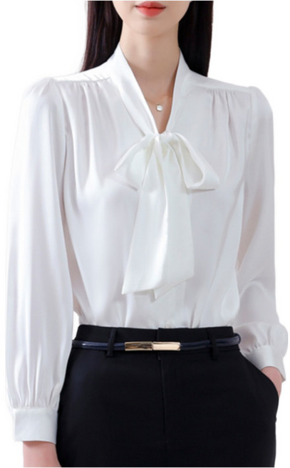 [44~88사이즈] 한결 화이트 리본 타이 블라우스