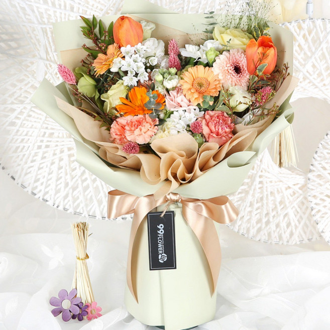 99플라워 (당일수령) 설렘다발 [ST-C559] - 전국꽃배달서비스 봄 기념일 생일 생화 꽃선물 당일배송 꽃다발, 혼합색상, 1개