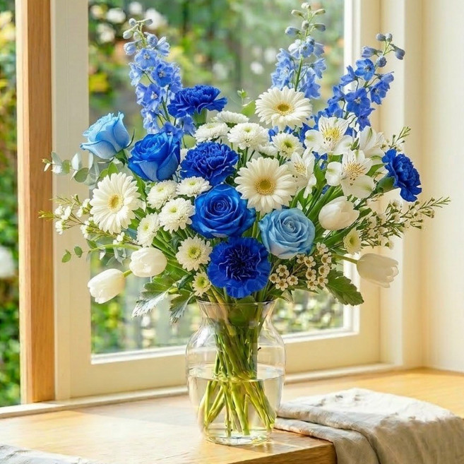 보냉포장 주말배송 플로리스트 색감 구성 생화 꽃택배 (꽃다발X) + 줄기 컨디셔닝 완 아르띠콜로, 5개, 블루&화이트 꽃송이수