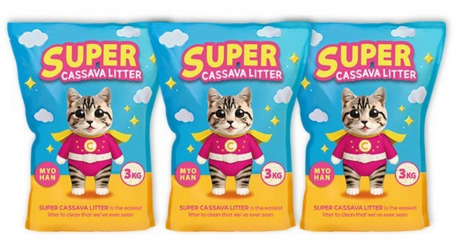 슈퍼 카사바 모래 고양이모래 응고형 프리미엄, 고운입자, 3개, 3kg