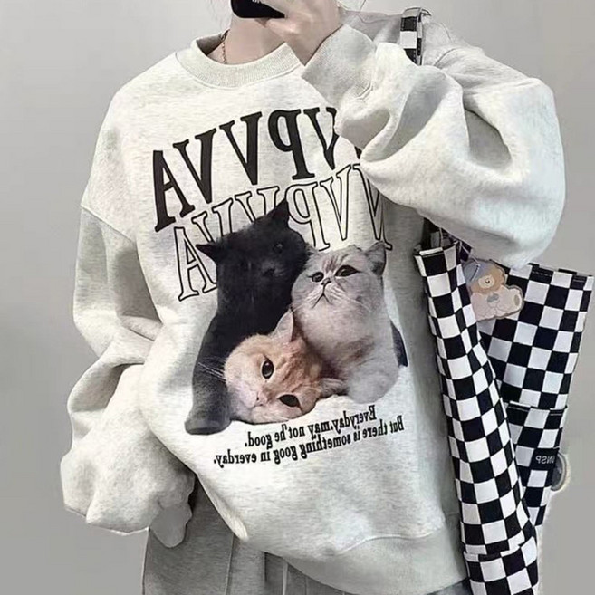 후암마켓 여자 루즈핏 기모 고양이 데일리 맨투맨