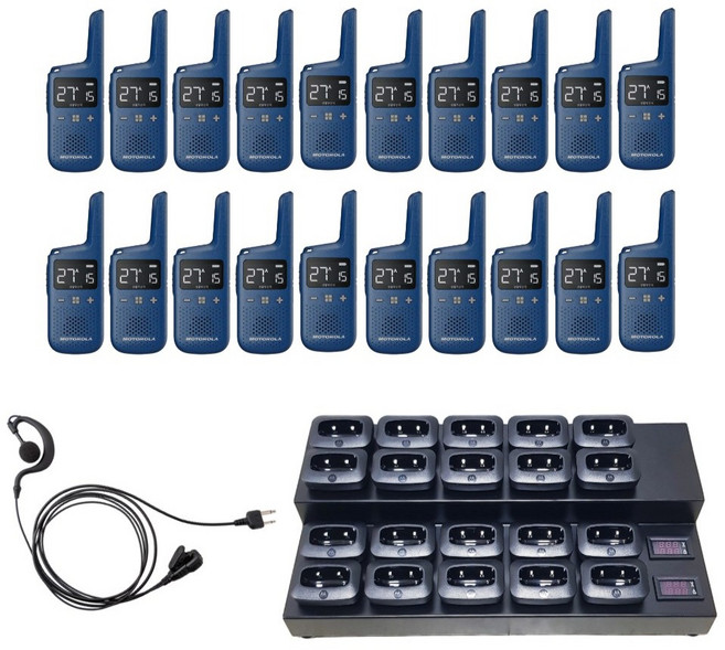 매장운영용 소형 업무무전기 모토로라 T39D 블루 20대 세트 (무전기+멀티충전기+귀걸이형 인이어), 1개, 매장운영용 20대 귀걸이형세트