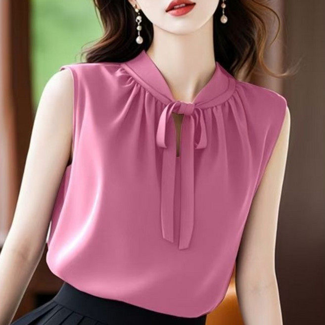 유니픽여성 봄여름 쉬폰 민소매 블라우스 스탠드 칼라 리본 장식wd