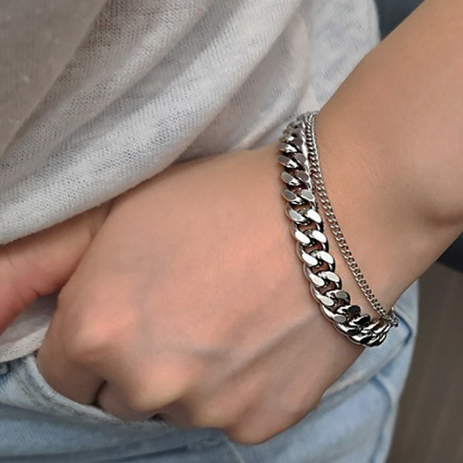 MCS 써지컬 변색없는 남자 여자 두줄 심플 레이어드 체인 팔찌 101