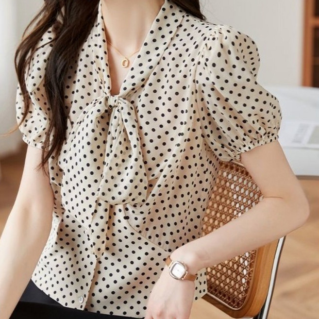 패션고리 데일리 땡땡이 리본 하객 여성 여름 블라우스 H860