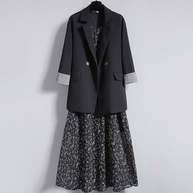 FANSYLI 여성 원피스 세트 결혼식 하객룩 심플 루즈핏 정장 코트+나시 원피스 세트 봄여름 빅사이즈 정장 자켓 롱 프린트 원피스 세트 XR2601J26