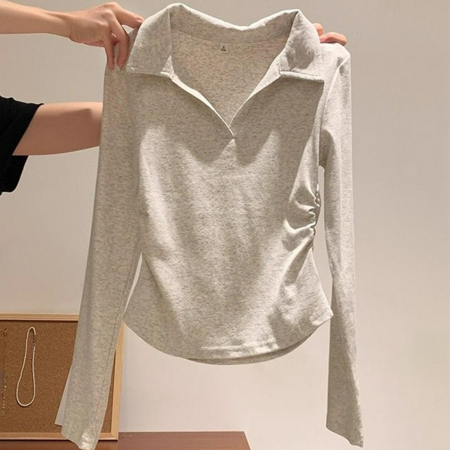 Asure 여성 폴로 칼라 긴팔 티셔츠 슬림핏 셔링 쇼트 톱