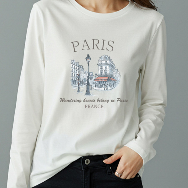 그리내 여성 라운드넥 봄 가을 파리거리 프린팅 얇은 긴팔티 커플티 캐릭터 이너 홈웨어 레터링 면 티셔츠