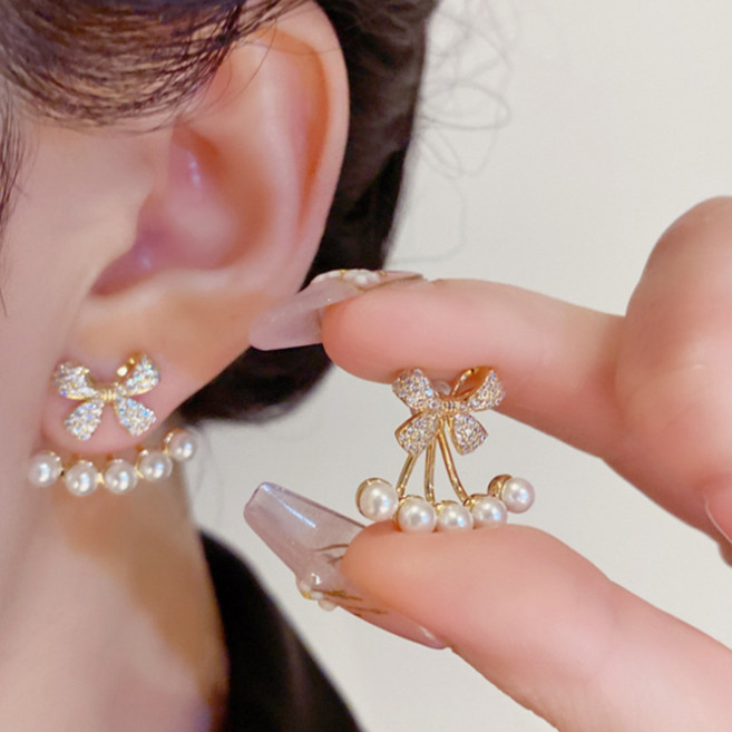 씨씨주얼리 14K 리본 진주 귀걸이 여성 하객룩 웨딩 데일리 이어링