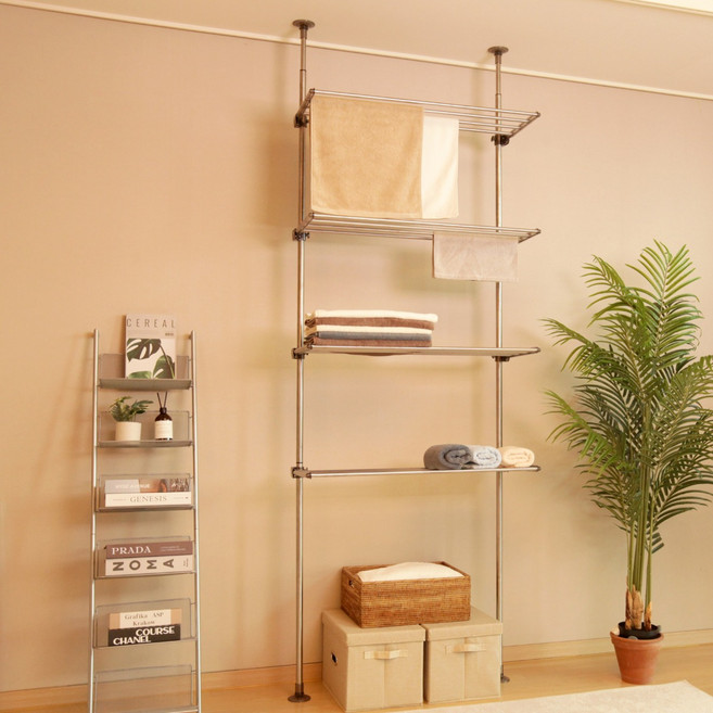 웰렉스 무타공 수직폴 빨래건조대 빨래 베란다 건조대 선반 수납 압축봉 원룸 틈새 2단 3단 4단, 최대 270, 3단 80cm, 1개