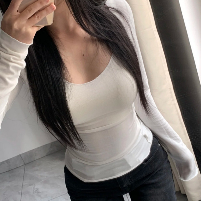 히피샵 청순 여리 모달 U넥 긴팔티