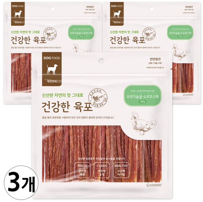 굿데이 건강한육포 반려견간식 300g, 오리가슴살 소프트스틱, 3개