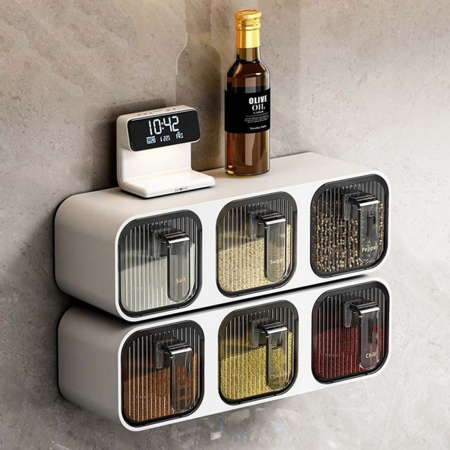 무타공 양념통 세트 주방 벽걸이 조미료통 서랍형 소금통 부착식 다용도 보관용기 스푼 YHY, 아이보리 6칸, 1개