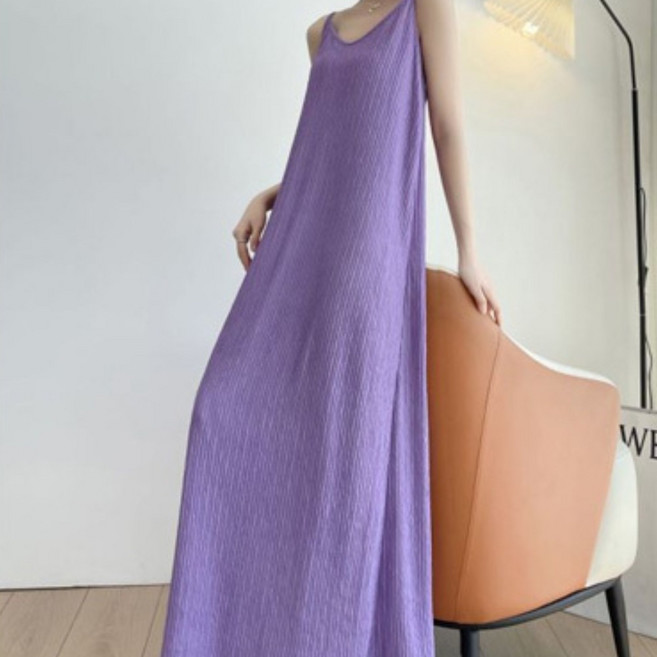 (한정특가!) 아름다운 V넥 프랑스 스타일 플리츠 끈 나시 원피스 여름 여성 데일리 솔리드 민소매 롱 스커트