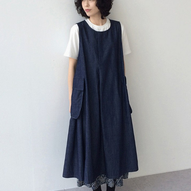 더사바 박시핏 빅포켓 데님 민소매 원피스 봄 여름 청원피스 레이어드 롱원피스