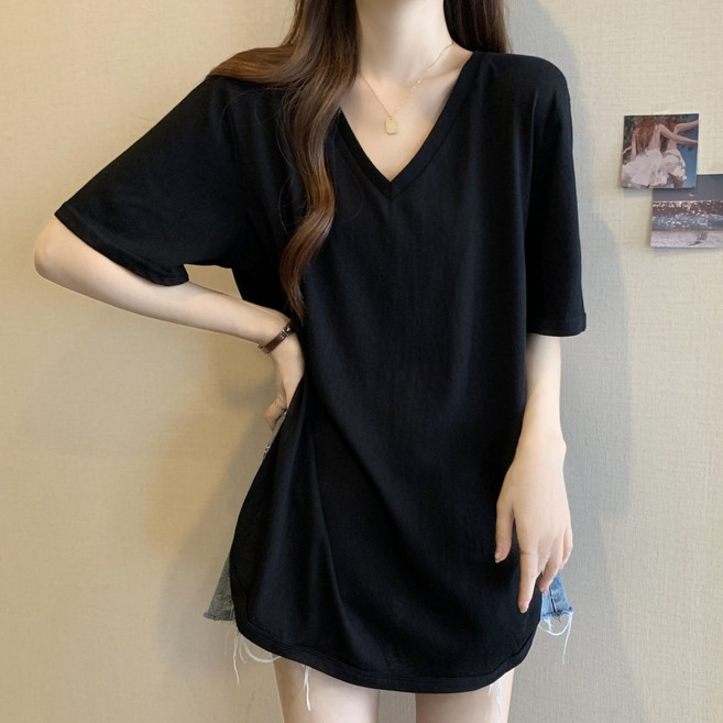 메인워크 1+1 여성 빅사이즈 브이넥 반팔 티셔츠 여름용 스판 캐주얼 루즈핏 심플 냉장고 솔리드 베이직 아우터 쿨링 상의 2매입