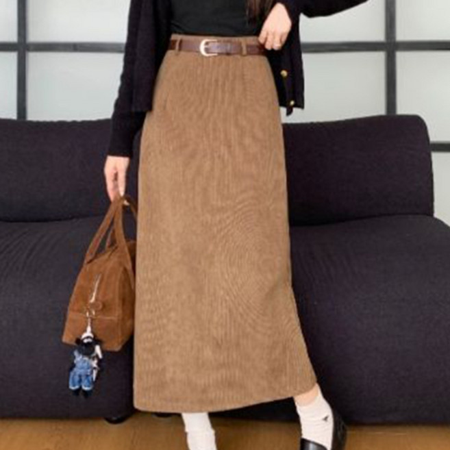 봄 가을 여성 롱 스커트 캐주얼 하이웨스트 a라인 스커트 기질 트임 롱 골덴 치마 LPC