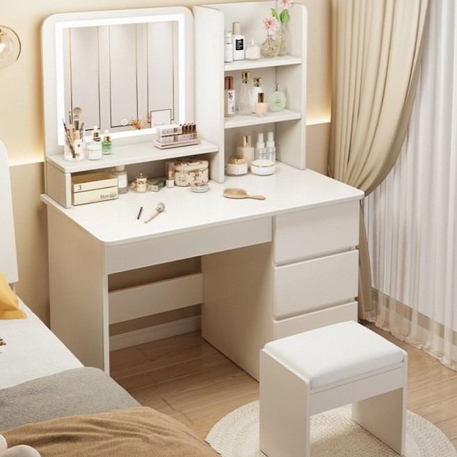 수납 서랍 정리함 콘솔 화장대 거울세트, 800x40x1190 베이지 LED