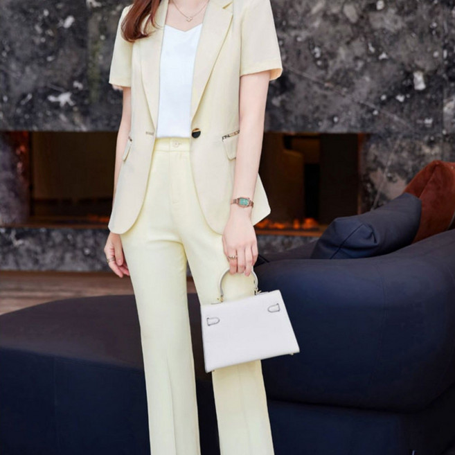 그루밍(grooming) 여성 중년 여름 가을 쿨 반팔 빅사이즈 유니품 직장인 정장 바지 투피스 세트