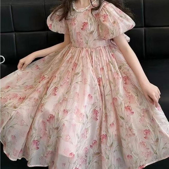 해피유통 여아 여름 플라워 프린트 퍼프 소매 A라인 원피스디자인14세 이상