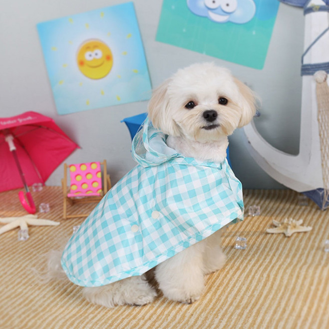 에이미러브즈펫 체크 강아지 판초 우의 우비 애견 비옷 대형견 중형견 옷 S부터2XL까지, 스카이블루, 1개