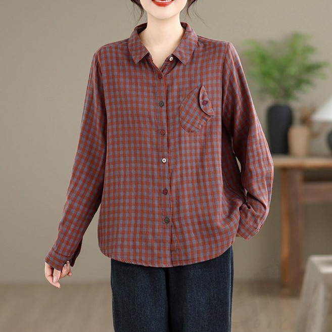 비아이와이 체크 셔츠 여성 루즈핏 캐주얼 순면 긴팔 상의 DH1285