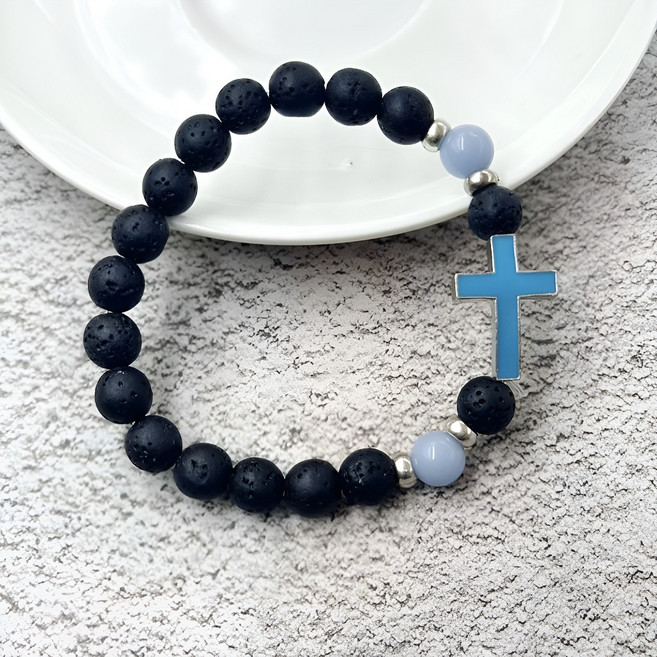 천주교 기독교 십자가 야광 기도 일상 화산석 묵주 팔찌 4종, 1개, 블랙 블루