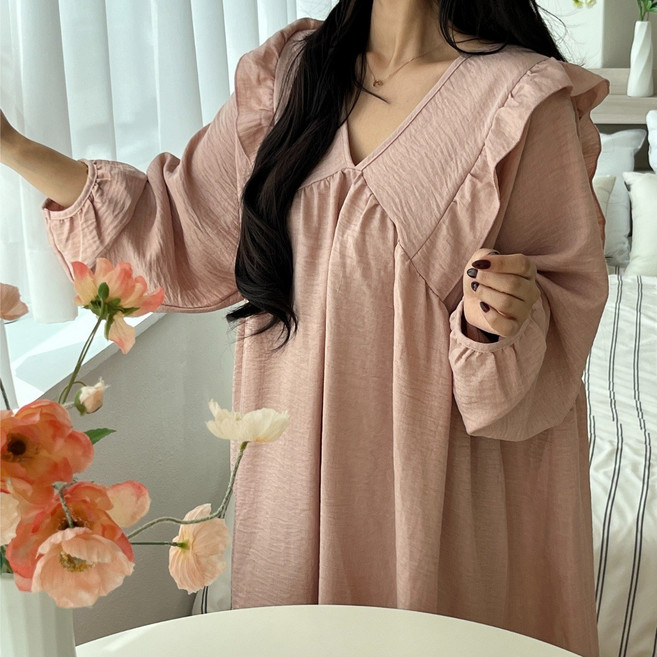 긴팔 여신 빅사이즈 감성 오버핏 파자마 홈웨어 원피스 44~120