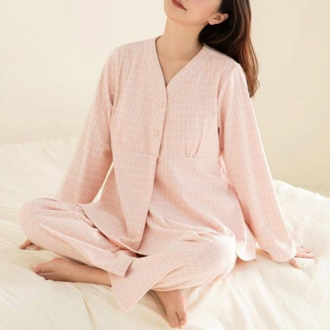 부드러운 체크 탈부착 브라패드 임산부 수유잠옷 파자마 잠옷 세트