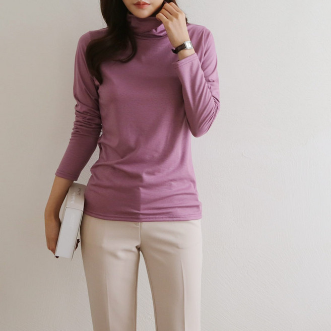 [아이엠수] 엔탑 베이직 목폴라티 여성 공용 베이직 기본폴라 얇은긴팔 얇은폴라 미디 실켓 부들 모달 가성비