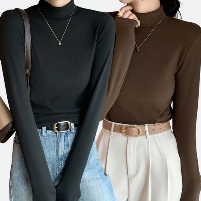 여성용 부드럽고 따뜻한 베이직 반목폴라 긴팔 티셔츠 2종 세트 도톰한 가을용 겨울용 기모 반폴라 이너 반목티 긴팔티 목폴라티